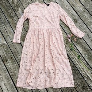 Dusty Rose soft lace knee length long sleeve dress